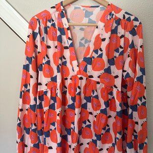 Bold orange and blue long sleeve blouse, size L